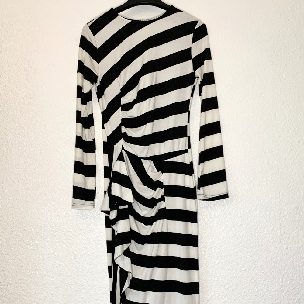 Black & White Striped Midi Dress | Asymmetrical Ruching | Modern Fit
